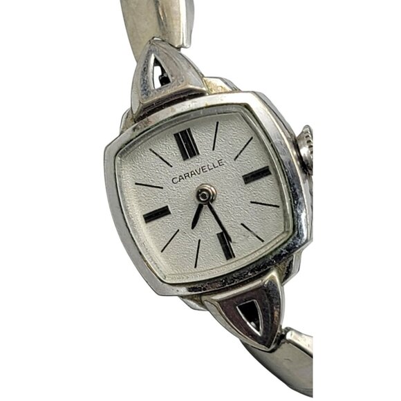 Carvelle Ladies Cocktail Wind Watch 10kgp Silver Tone 17mm Square Dial 6.5" 1974 - Picture 4 of 16
